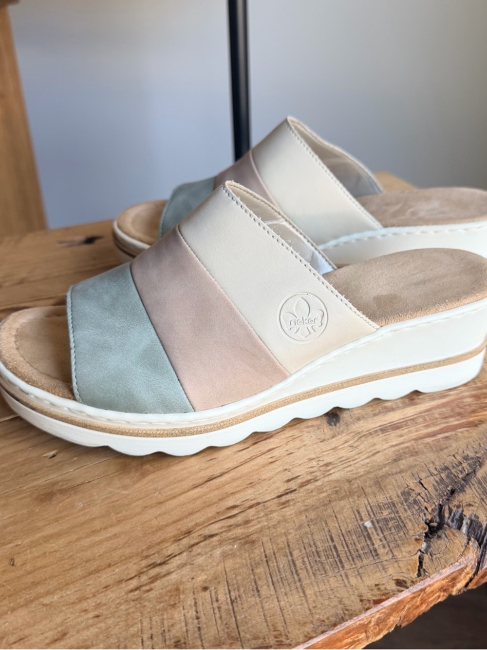 Rieker Tri-Panel Pastel Slide Wedge in Cream, Mint & Blush